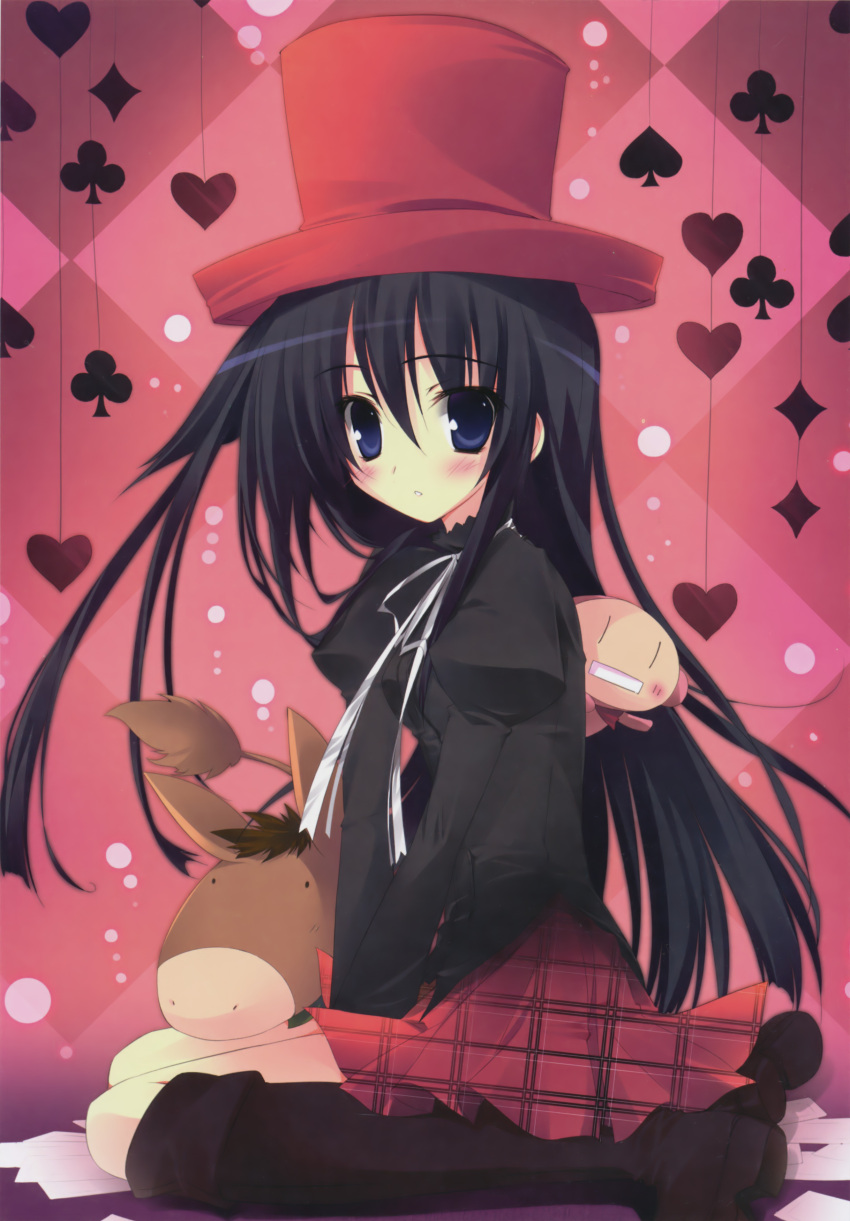 absurdres black_hair blue_eyes blush boots card copyright_request female hat heart highres karory long_hair looking_at_viewer lying_card playing_card_theme sitting skirt solo stuffed_animal stuffed_toy wariza