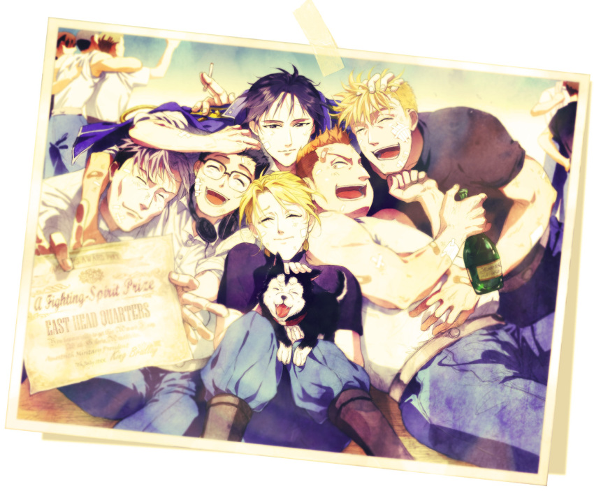 6+boys :d alaskan_klee_kai amestris_military_uniform arm_(asnstnjmn) bandaid black_hair black_hayate blonde_hair blurry bottle bruise canine cigarette closed_eyes collar commentary_request depth_of_field english_text everyone female fullmetal_alchemist glasses grey_hair happy headphones heymans_breda injury jean_havoc kain_fuery long_hair military military_uniform multiple_boys open_mouth orange_hair photo_(object) riza_hawkeye roy_mustang shiba_inu short_hair sleeves_rolled_up smile uniform vato_falman