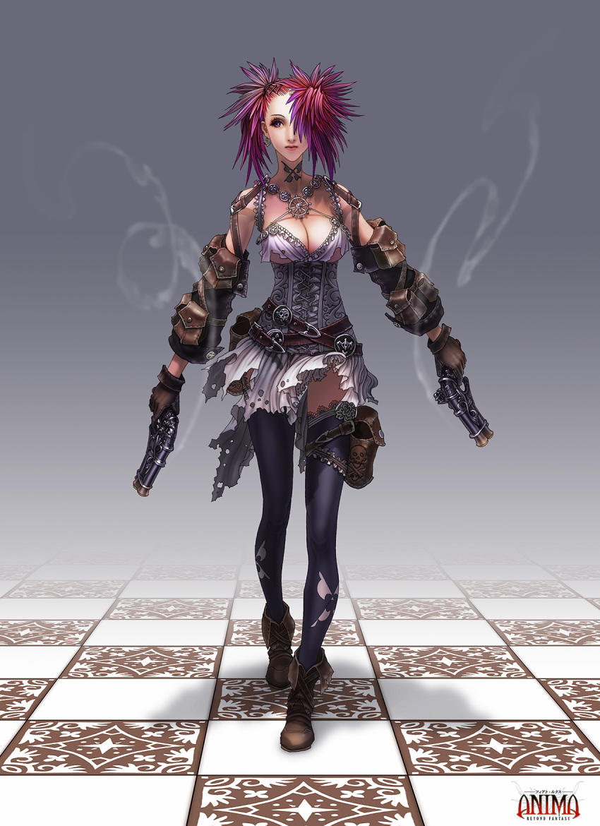 anima belt black_thighhighs boots breasts cleavage commentary_request corset detached_sleeves dual_wielding earrings female gloves gradient_hair gun hair_over_one_eye highres holding holster jewelry kira_(anima) large_breasts multicolored_hair photoshop_(medium) pouch purple_eyes skirt smoke solo spiked_hair tattoo thighhighs torn_clothes weapon wen-m