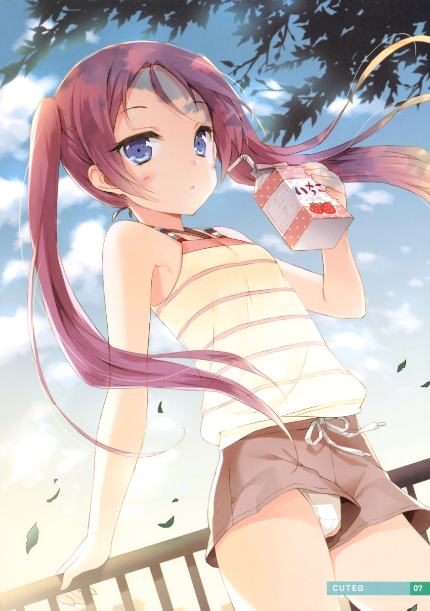 absurdres arm_support bare_shoulders blue_eyes blue_sky blush camisole cloud cuteg female flat_chest from_below fujimura_natsuki highres leaf leaning long_hair milk panties panty_peek pantyshot purple_hair railing shorts shorts_aside sky solo strawberry_milk twintails underwear upshorts wardrobe_malfunction white_panties wind wind_lift your_diary