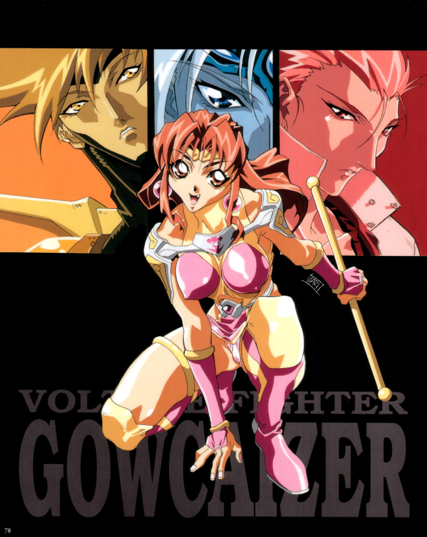 1990s_(style) 3boys :d arm_support armor artbook belt black_background boots breasts breasts_apart choujin_gakuen_gowcaizer circlet close-up copyright_name covered_nipples dutch_angle earrings female floating_hair gem gowcaizer hair_between_eyes hellstinger highres holding impossible_clothes jacket jewelry kaiza_isato kash_gyustan knee_pads kneeling large_breasts leaning_forward loincloth long_hair looking_at_viewer looking_away magical_girl midriff monochrome multiple_boys oerba_yun_fang official_art oobari_masami open_clothes open_jacket open_mouth orange_eyes orange_hair panties parted_lips pauldrons pink_legwear retro_artstyle scan shigure_kyousuke short_hair shoulder_armor sidelocks signature simple_background smile son_karin spiked_hair spread_legs squatting staff thigh_boots thighhighs thighlet tiptoes turtleneck underwear weapon white_panties