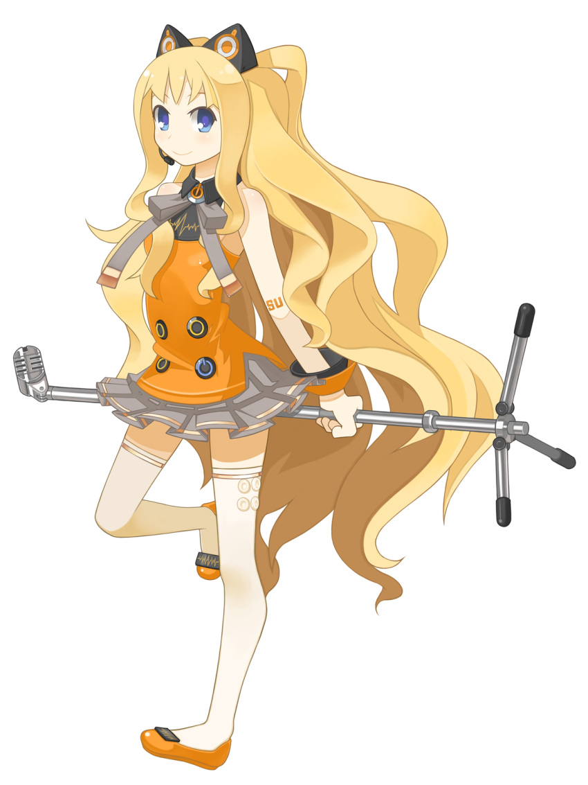 animal_ears blonde_hair blue_eyes commentary_request female highres long_hair microphone microphone_stand seeu simple_background skirt smile solo songkyoo thighhighs very_long_hair vocaloid zettai_ryouiki