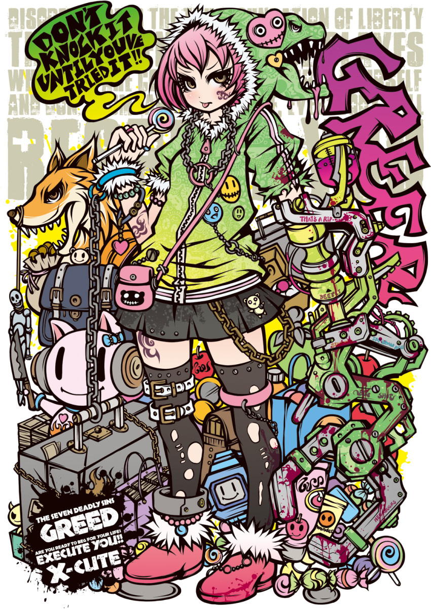 bag black_skirt bracelet candy chains commentary_request decora english_text engrish_text female food handbag highres hood hoodie jewelry lollipop miniskirt original photoshop_(medium) pink_hair pleated_skirt project.c.k. ranguage satchel short_hair skirt tattoo thighhighs tongue zettai_ryouiki