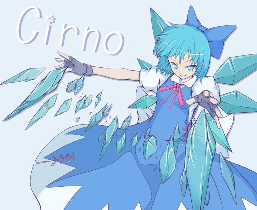 blue_eyes blue_hair cirno commentary_request female fingerless_gloves ginko_(nico) gloves hair_ribbon ice ice_wings partial_commentary ribbon solo touhou wings