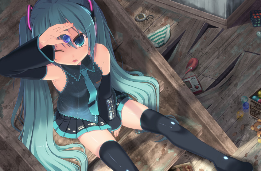 amamiya_minato aqua_eyes aqua_hair aqua_necktie bare_shoulders black_skirt black_thighhighs blouse boots box commentary_request detached_sleeves female from_above game_&_watch hair_between_eyes hand_to_forehead handheld_game_console hatsune_miku holding indoors leaf legs long_hair long_sleeves looking_up marble_(toy) miniskirt necktie one_eye_closed panties pleated_skirt rubik's_cube shirt sitting skirt sleeveless solo stairs striped_clothes striped_panties stuffed_animal stuffed_toy tamagotchi tamagotchi_(virtual_pet) tears teddy_bear thigh_boots thighhighs thighs twintails underwear unworn_panties very_long_hair vocaloid wing_collar wooden_floor zettai_ryouiki