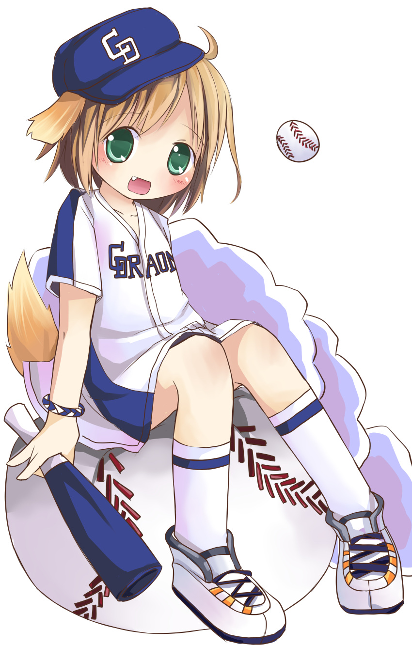 absurdres animal_ears bad_id bad_pixiv_id baseball baseball_bat baseball_cap baseball_uniform blonde_hair chunichi_dragons clothes_writing dog_ears dog_tail female green_eyes hat highres meiko_(inuarashi) nippon_professional_baseball oerba_yun_fang original sakuraba_hikaru_(loveindog) solo sportswear tail