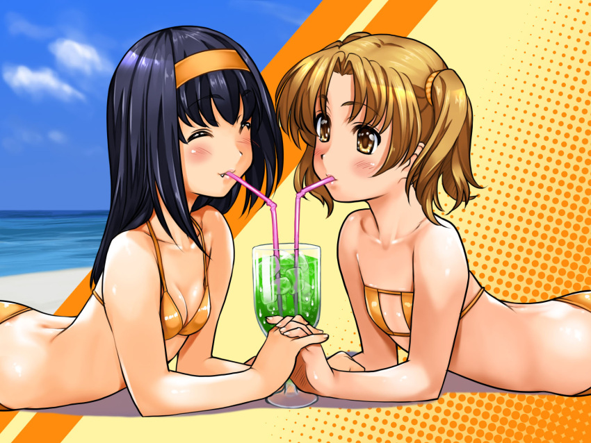 2girls ^_^ akiba_youko bikini blush breasts brown_eyes brown_hair cleavage closed_eyes couple drink fingernails flat_chest hairband hands highres holding_hands ice ice_cube interlocked_fingers kamia_(not_found) kurumi_mayu lying melon_soda multiple_girls ocean oerba_yun_fang on_stomach original short_twintails small_breasts swimsuit twintails yuri