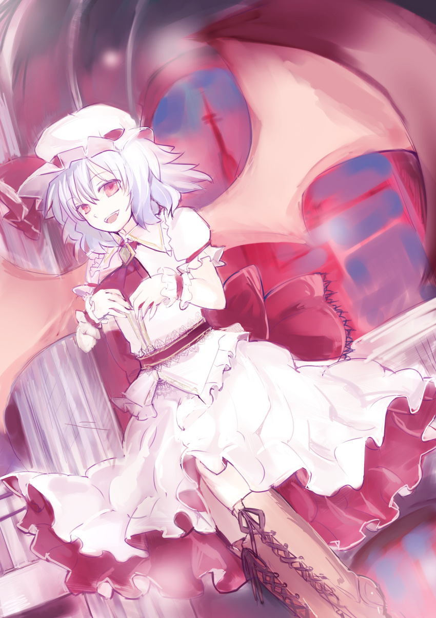 absurdres bad_id bad_pixiv_id bat_wings female hat highres light_purple_hair nazuka_(mikkamisaki) oerba_yun_fang red_eyes remilia_scarlet solo touhou wings wrist_cuffs