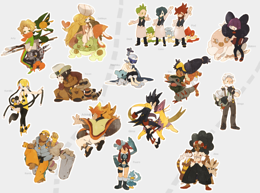 6+boys 6+girls alder_(pokemon) axew bow bowtie brycen_(pokemon) burgh_(pokemon) caitlin_(pokemon) character_name chili_(pokemon) cilan_(pokemon) clay_(pokemon) commentary_request conkeldurr cowboy cowboy_hat cowboy_western cress_(pokemon) cubchoo dotabata drayden_(pokemon) ducklett elesa_(pokemon) emolga everyone fraxure fringe_trim grimsley_(pokemon) hat herdier iris_(pokemon) jellicent jellicent_(female) krokorok leavanny lenora_(pokemon) liepard marshal_(pokemon) multiple_boys multiple_girls panpour pansage pansear pantyhose pokemon pokemon_(creature) pokemon_bw reuniclus salute shauntal_(pokemon) skyla_(pokemon) traditional_bowtie watchog whirlipede