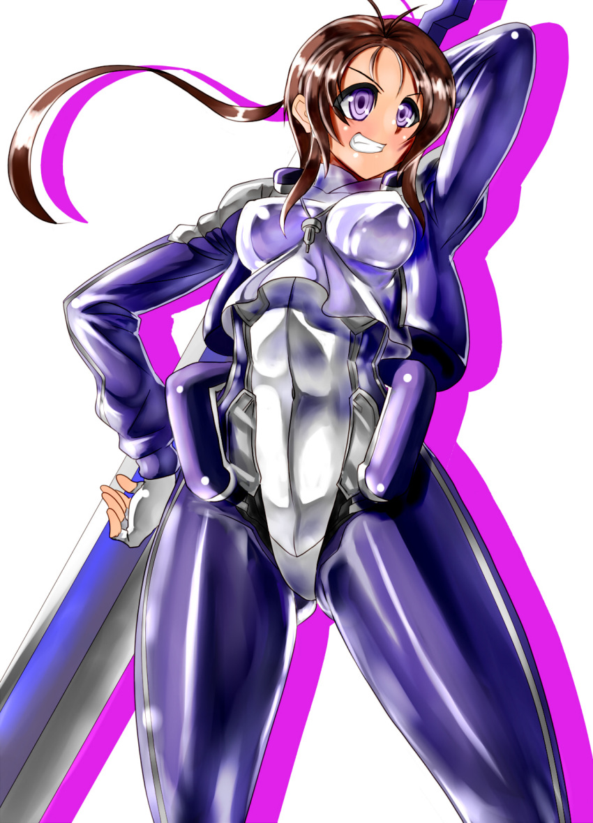 bodysuit breasts brown_hair commentary_request daruma_(g05d7079) female highres kyoukaisenjou_no_horizon long_hair medium_breasts oriotorai_makiko purple_bodysuit purple_eyes solo sword weapon