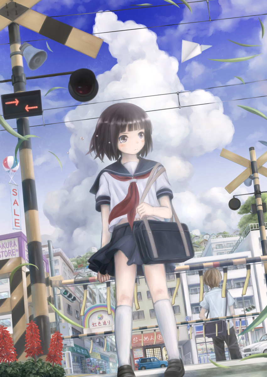 1boy black_hair black_skirt blush brown_eyes cloud cloudy_sky commentary_request day female flower highres kneehighs miniskirt original photoshop_(medium) pleated_skirt ribbon school_uniform serafuku skirt sky socks taka_(tsmix) teardrop tears