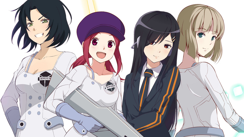 4girls :d black_hair blonde_hair blunt_bangs bob_cut border_operator_uniform_(world_trigger) closed_mouth commentary_request double_vertical_stripe formal gloves green_eyes gun hat hiura_akane huyumitsu kumagai_yuuko long_hair long_sleeves looking_at_viewer multiple_girls nasu_rei nasu_squad's_uniform necktie open_mouth photoshop_(medium) red_eyes red_hair shiki_sayoko short_hair simple_background smile suit uniform weapon world_trigger