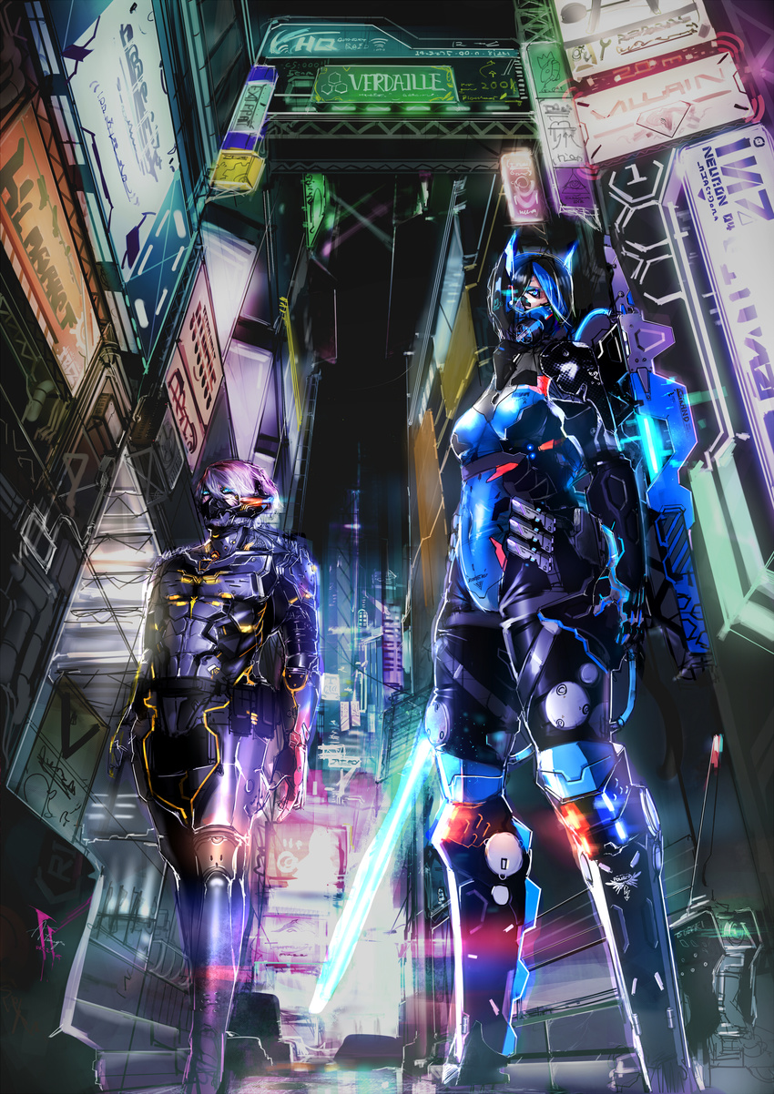 1boy absurdres alley bad_id bad_pixiv_id blue_eyes blue_hair body_armor bodysuit breasts city city_lights cityscape commentary_request covered_mouth cyberpunk derorin8641 energy_sword female from_below glowing graffiti hair_between_eyes hair_over_one_eye highres looking_at_viewer original purple_hair science_fiction sign small_breasts sword vanishing_point weapon