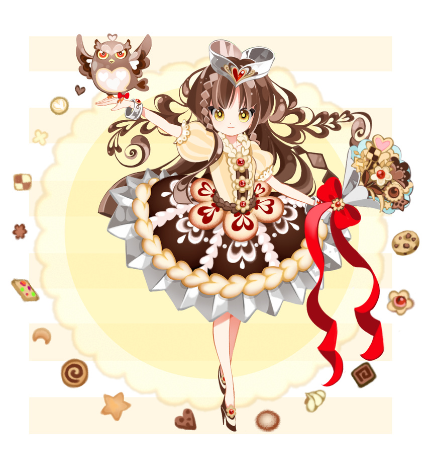 arm_up bird bird_on_hand bouquet bow bracelet bright_pupils brown_dress brown_footwear brown_hair checkerboard_cookie chocolate_chip_cookie commentary_request cookie dress female flower food food-themed_clothes full_body hat high_heels highres jewelry layered_dress lolita_fashion long_hair looking_at_viewer mochikin_(jijijin) original owl personification pocketland print_dress puffy_sleeves red_bow shoes smile solo standing straight-on yellow_eyes