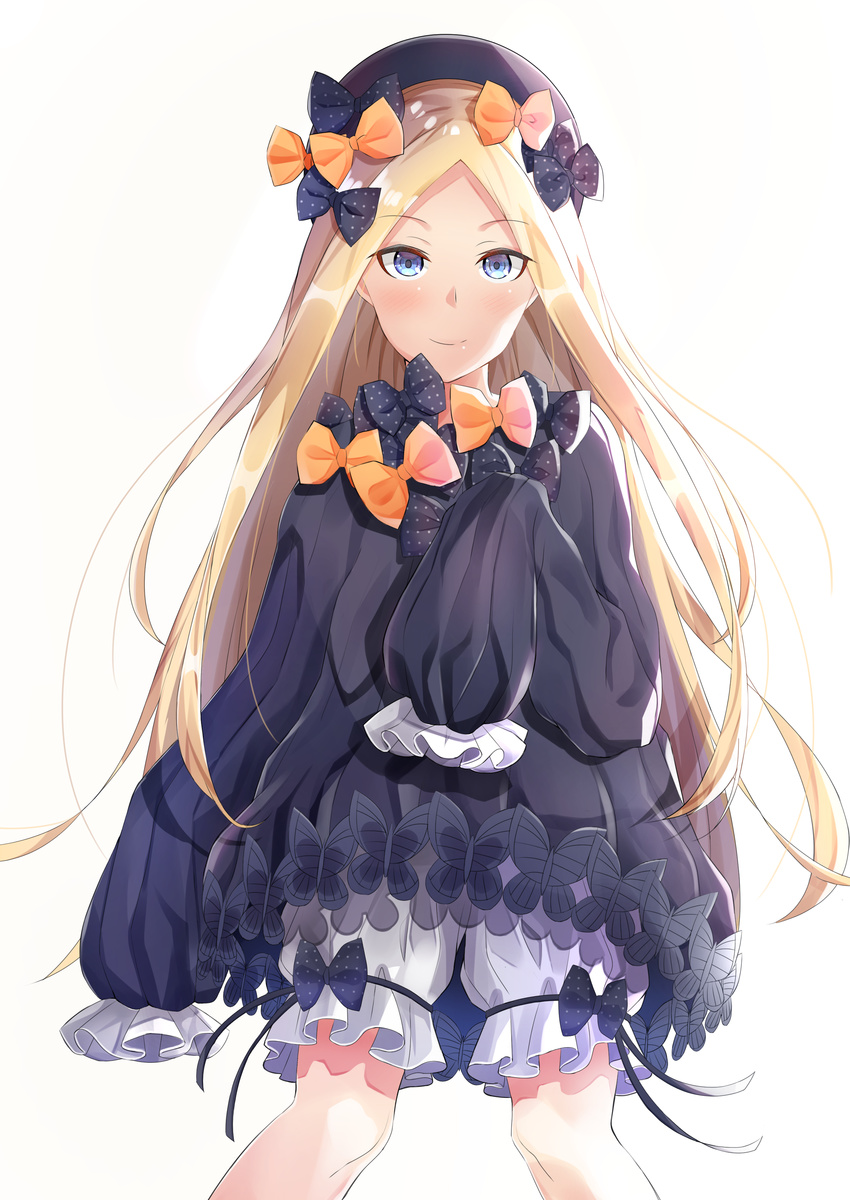 abigail_williams_(fate) absurdres atora bad_id bad_pixiv_id black_bow black_dress black_hat blonde_hair blue_eyes blush bow bug butterfly closed_mouth commentary_request dress fate/grand_order fate_(series) female forehead hairbow hat highres long_hair long_sleeves looking_at_viewer orange_bow parted_bangs partial_commentary polka_dot polka_dot_bow simple_background sleeves_past_fingers sleeves_past_wrists smile solo very_long_hair white_background