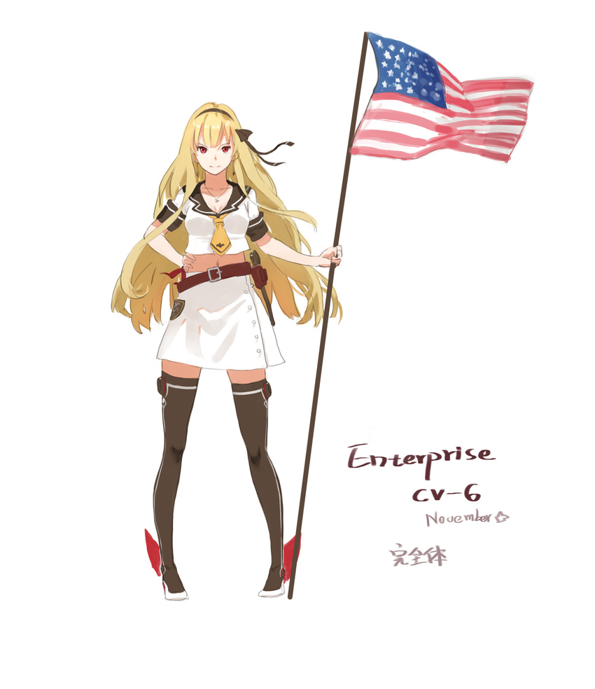 american_flag belt blonde_hair character_name commentary_request enterprise_(pacific) female flag hair_ornament hat highres jeanex kantai_collection long_hair original pacific_(kancolle) photoshop_(medium) red_eyes solo uniform