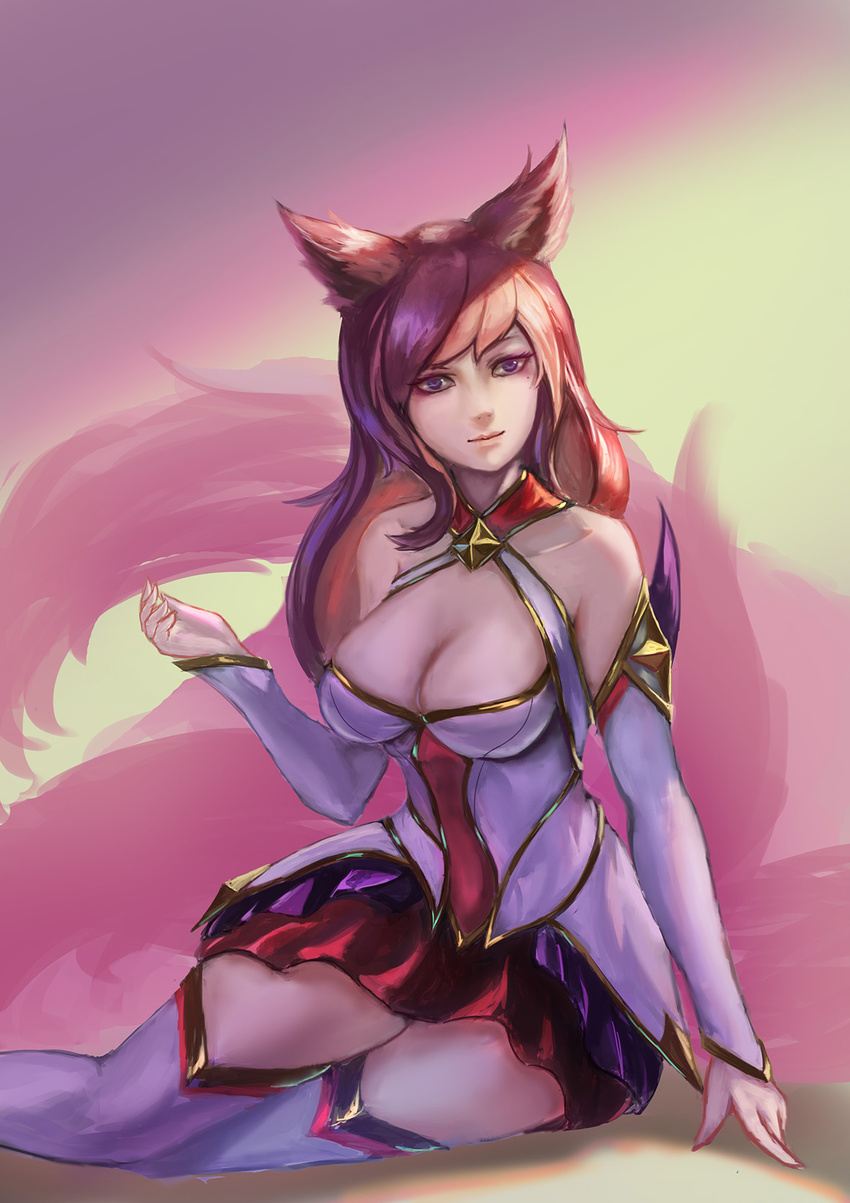 ahri alternate_costume alternate_hair_color animal_ears cleavage female fox_ears fox_girl gloves league_of_legends looking_at_viewer magical_girl peach_hair purple_eyes skirt smile solo star_guardian_ahri thigh_boots tiara white_boots