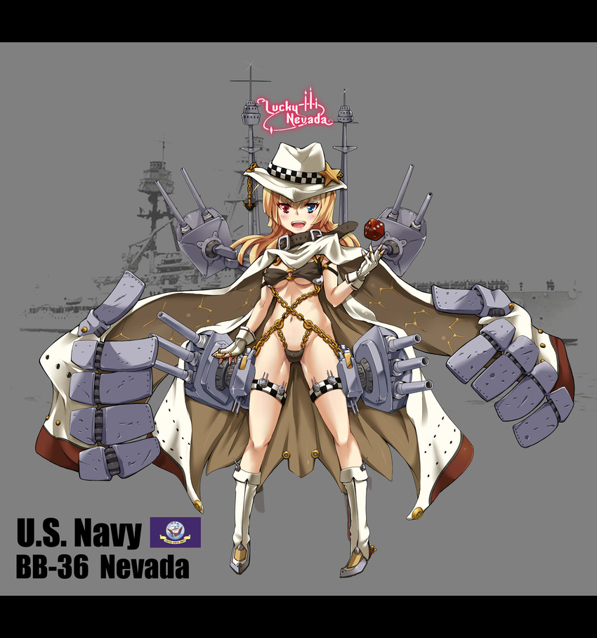 absurdres bikini blue_eyes cape chains character_name commentary_request cowboy_hat english_text female hat heterochromia highres letterboxed long_hair navy nevada_(warship_girls_r) official_art photo_background photoshop_(medium) red_eyes rigging sirills solo swimsuit turret warship_girls_r white_ensign