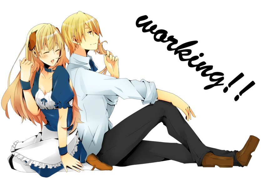 1boy animal_ears apron bad_id bad_pixiv_id blonde_hair closed_eyes dog_ears female long_hair necktie sahiro satou_jun short_hair todoroki_yachiyo working!!