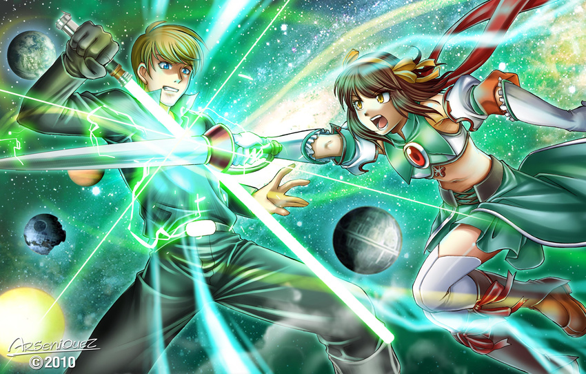 1boy absurdres animification battle blonde_hair brown_hair clash commentary_request commission crossover death_star duel energy_sword female highres lightsaber luke_skywalker mixed_gender_duel photoshop_(medium) ribbon short_hair skirt songwut_ouppakarndee space star_wars superheroine_haruhi suzumiya_haruhi suzumiya_haruhi_no_tomadoi suzumiya_haruhi_no_yuuutsu sword weapon