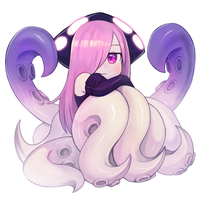 black_gloves blush closed_mouth commentary commission crossed_arms dress duplicate elbow_gloves english_commentary female full_body gloves hair_over_one_eye highres hugging_own_legs kraken_(monster_girl_encyclopedia) lolicon long_hair looking_at_viewer monster_girl monster_girl_encyclopedia photoshop_(medium) pink_eyes pink_hair pixel-perfect_duplicate purple_dress purple_gloves scylla simple_background sitting smile solo sookmo suction_cups tentacle white_background