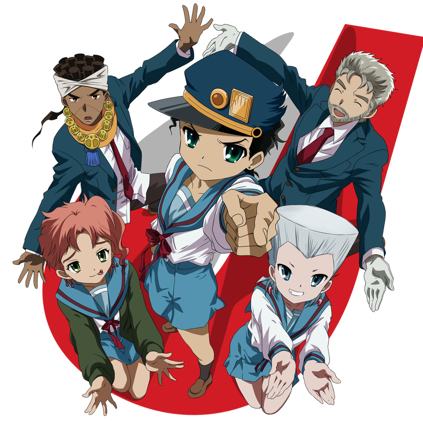 5boys blue_sailor_collar blue_skirt commentary dark-skinned_male dark_skin derivative_work hat highres jean_pierre_polnareff jojo_no_kimyou_na_bouken joseph_joestar joseph_joestar_(old) kakyoin_noriaki kita_high_school_uniform kujo_jotaro male_focus mohammed_avdol morphin_e multiple_boys parody sailor_collar school_uniform serafuku skirt stardust_crusaders suzumiya_haruhi_no_yuuutsu symbol-only_commentary winter_uniform