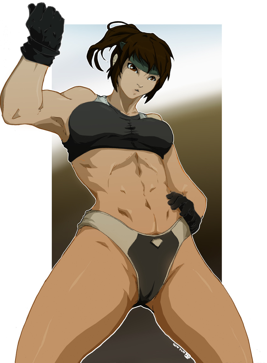 abs black_gloves breasts brown_eyes brown_hair daimon_akiko female gloves hand_on_own_hip headband highres large_breasts pain16 photoshop_(medium) short_ponytail short_shorts shorts solo sports_bra taisen_hot_gimmick taisen_hot_gimmick_4ever thick_thighs thighs toned