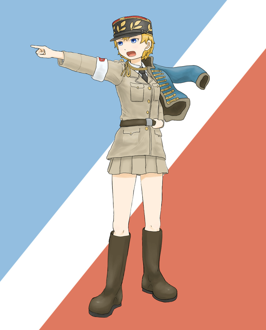 asparagus_(girls_und_panzer) bad_id bad_pixiv_id bc_freedom_(emblem) bc_freedom_military_uniform blonde_hair blue_eyes boots emblem female girls_und_panzer girls_und_panzer_ribbon_no_musha haashi hat highres jacket jacket_over_shoulder kepi knee_boots military military_hat military_uniform open_mouth pelisse pointing short_hair solo uniform unworn_jacket