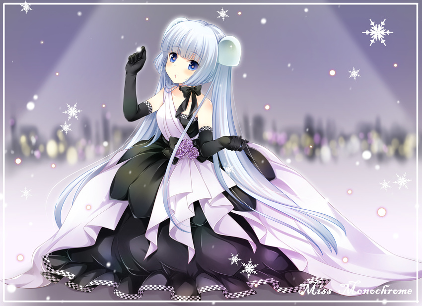 absurdres alternate_costume alternate_hair_color black_bow black_choker black_dress black_gloves blue_eyes blue_hair blunt_bangs blurry blurry_background blush border bow bow_choker character_name checkered_trim choker commentary_request dress elbow_gloves female fireflies flower flower-shaped_pupils full_body girlfriend_(kari) gloves hair_ornament hairpods hand_up highres long_dress long_hair looking_at_viewer miss_monochrome miss_monochrome_(character) photoshop_(medium) pink_flower pink_rose pink_sash ribbon_choker rose sash snowflakes solo symbol-shaped_pupils train_(clothing) twintails very_long_hair white_border zexel_(nintama)