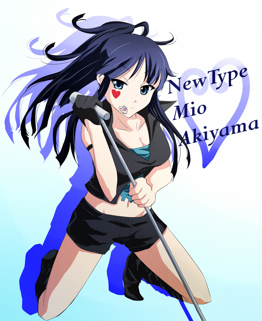 akiyama_mio bare_shoulders black_hair black_shorts blue_eyes boots breasts cleavage commentary_request death_devil female gloves heart highres k-on! kneeling large_breasts long_hair microphone microphone_stand mouth_hold navel plectrum ponytail shiroi_neko_(okenoris) shorts single_glove smile solo