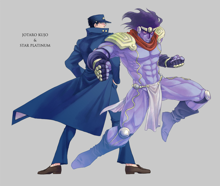 2boys bad_id bad_pixiv_id black_hair colored_skin fingerless_gloves gakuran gloves hat jojo_no_kimyou_na_bouken kujo_jotaro long_coat merumeru626 multiple_boys purple_hair purple_skin school_uniform stand_(jojo) star_platinum