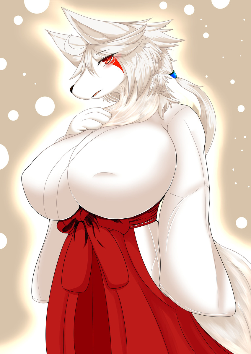 2016 absurd_res anthro asian_clothing big_breasts black_nose blush bottomwear breasts canid canine clothed clothing east_asian_clothing female fox fur hair hakama hi_res huge_breasts japanese japanese_clothing kemono long_hair looking_at_viewer mammal megane_inu open_mouth red_eyes solo standing white_body white_fur white_hair