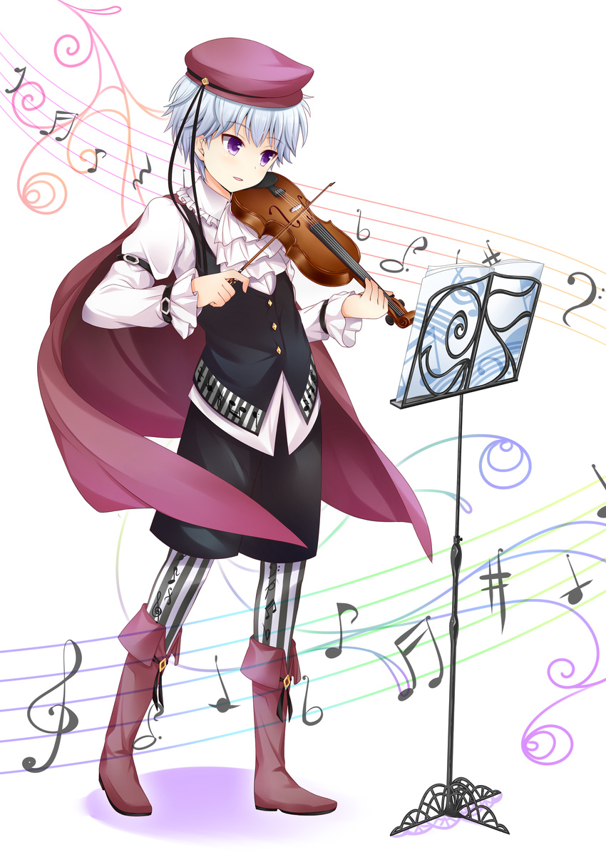 absurdres bass_clef beamed_sixteenth_notes commentary_request dotted_eighth_note eighth_note eighth_rest female flat_sign girlfriend_(kari) hat highres instrument kimijima_satoru musical_note musical_note_print pantyhose photoshop_(medium) purple_eyes quarter_note quarter_rest sharp_sign short_hair solo staff_(music) treble_clef violin zexel_(nintama)