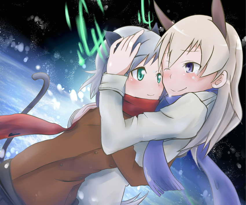 2girls animal_ears blonde_hair blue_eyes blue_scarf blush cat_ears cat_girl cat_tail coat comforting commentary_request eila_ilmatar_juutilainen fox_ears fox_girl geroika green_eyes grey_hair hand_on_another's_head hirschgeweih_antennas hug long_hair multiple_girls official_alternate_costume partial_commentary red_scarf sanya_v._litvyak scarf short_hair smile strike_witches tail tears world_witches_series yuri