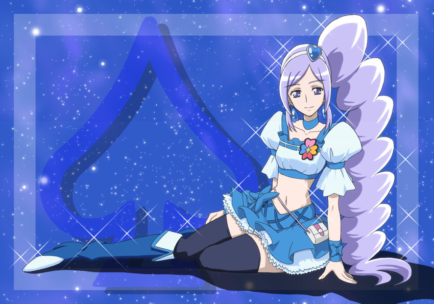 aono_miki blue_background blue_choker blue_footwear blue_skirt blue_thighhighs blue_wrist_cuffs boots choker commentary_request cure_berry drill_hair earrings eyelashes female fresh_precure! frilled_skirt frills hair_ornament hairband happy heart heart_hair_ornament jewelry knee_boots long_hair looking_at_viewer magical_girl midriff moritakusan navel precure puffy_sleeves purple_eyes purple_hair shirt side_ponytail sitting skirt smile solo thighhighs thighs wrist_cuffs zettai_ryouiki