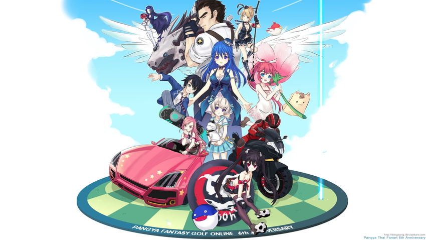 5boys 5girls arin azer bingsang black_hair blonde_hair blue_eyes blue_hair breasts brown_hair cannonball car cecilia_(pangya) cleavage closed_eyes commentary_request dragon dress feline flat_chest hair_bun hair_ribbon hana_(pangya) hat helmet highres kaz kooh long_hair lucia_(pangya) max_(pangya) medium_breasts motor_vehicle motorcycle multiple_boys multiple_girls nell_(pangya) nuri otoko_no_ko pangya papel pepper_(pangya) pink_eyes pink_hair ponytail purple_eyes red_eyes ribbon school_uniform serafuku shoes short_hair single_hair_bun skateboard skirt thighhighs twintails white_hair