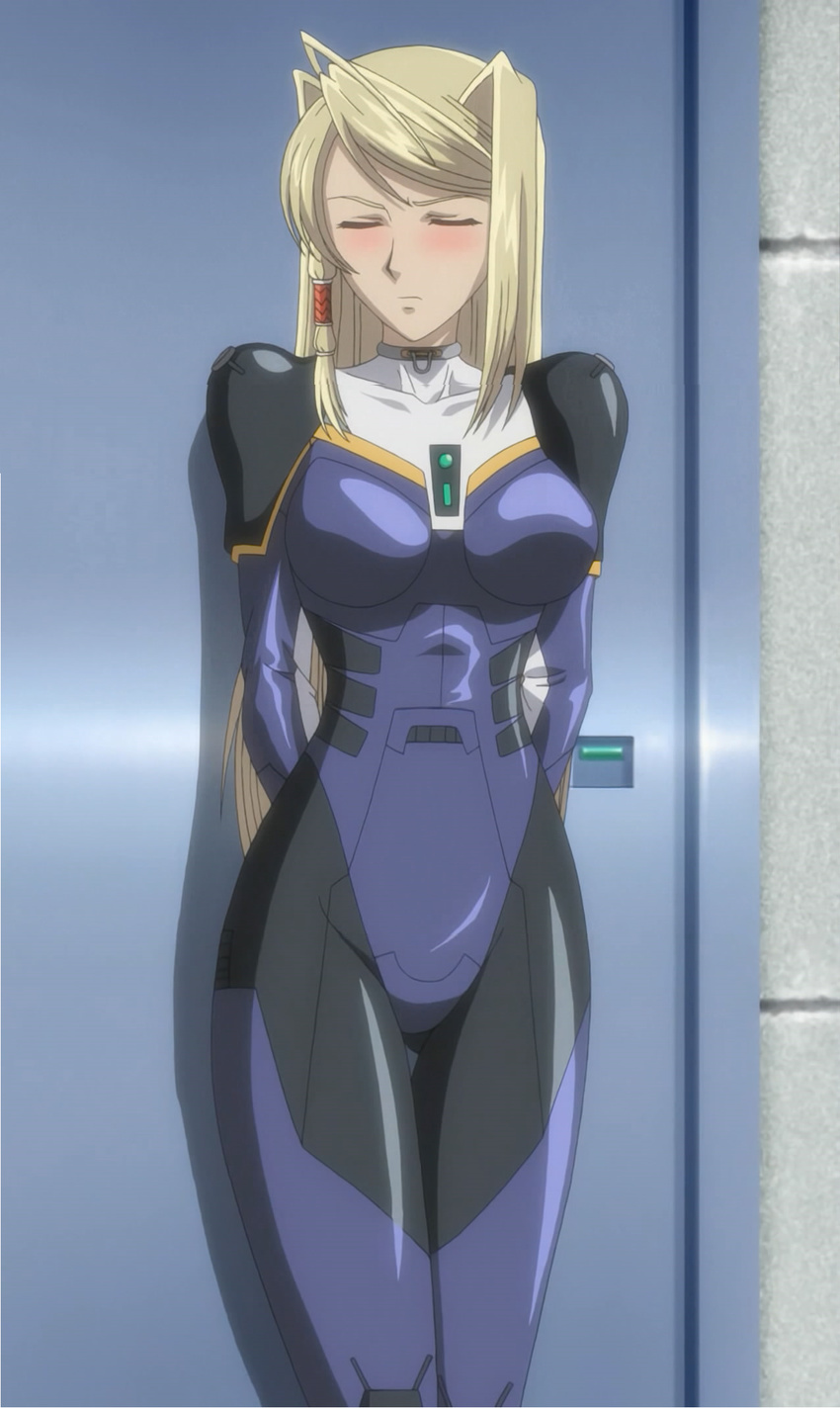 against_wall blonde_hair blush bodysuit breasts close_eyes closed_eyes female iris_rebel long_hair medium_breasts solo soukou_kijo_iris standing stitched thigh_gap