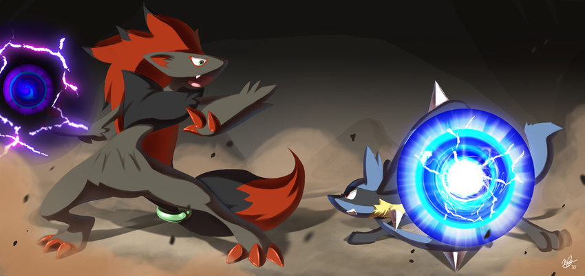 ambiguous_gender anthro aura_sphere canid canine claws duo energy_ball generation_4_pokemon generation_5_pokemon lanmana lucario mammal nintendo pokemon pokemon_(species) pokemon_move semi-anthro shadow_ball spikes zoroark