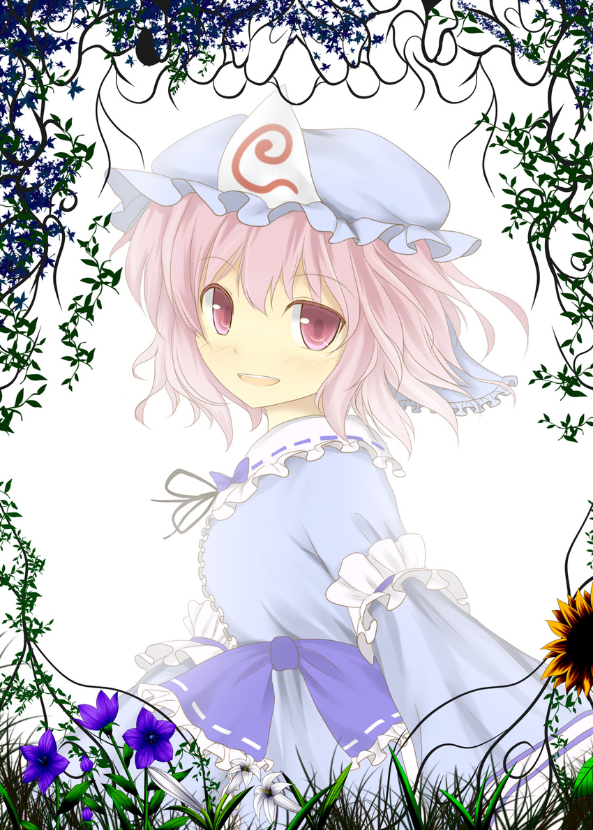 blue_dress blush bunchou_(bunchou3103) commentary_request dress female field flower flower_field hat highres pink_eyes pink_hair plant saigyouji_yuyuko smile solo touhou upper_body vines