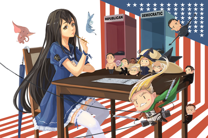 2girls 6+boys age_difference aircraft airplane american_flag annotated bald ballot ballot_box belt ben_carson bernie_sanders black_hair blonde_hair blue_dress blue_ribbon blush_stickers borrowed_character bottle brown_eyes character_request chibi chinese_commentary chris_christie closed_mouth commentary_request cosplay dark_skin donald_trump donkey dress earrings elephant emblem fairy_(kancolle) fighter_jet floating_hair flying formal frills from_side glasses glint grin hat highres hillary_clinton holding iowa iowa_(pacific) jacket jeb_bush jet jewelry john_kasich lace lace-trimmed_dress lace_trim long_hair looking_at_viewer marco_rubio martin_o'malley military military_vehicle mole mole_under_eye multiple_boys multiple_girls muscular neckerchief old old_man open_clothes open_jacket original pacific_(kancolle) parody pencil personification photoshop_(medium) politician politics real_life ribbon ribbon-trimmed_legwear ribbon_trim robe sailor_dress school_uniform serafuku shingeki_no_kyojin short_sleeves sima_naoteng sitting smile staff star_(symbol) star_print suit table ted_cruz thick_eyebrows thighhighs three-dimensional_maneuver_gear topless_male umbrella united_states unworn_hat unworn_headwear uss_iowa_(bb-61) very_long_hair water_bottle white_hair white_thighhighs wizard_hat wrist_ribbon zettai_ryouiki |_|