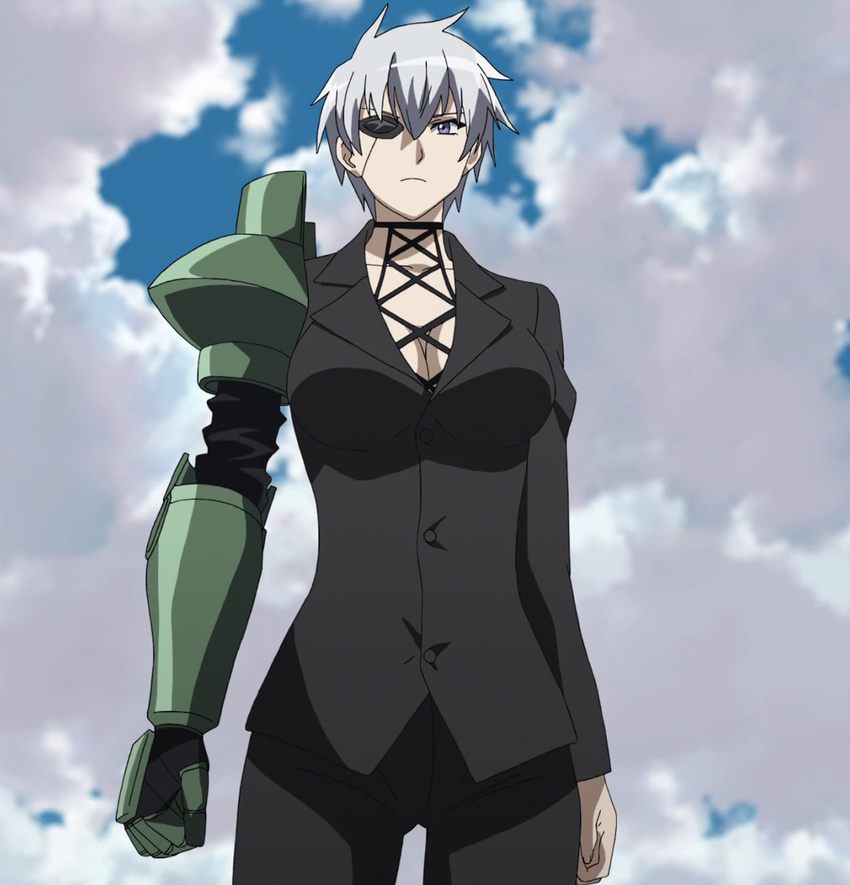 akame_ga_kill! breasts cloud eyepatch female female large_breasts mechanical_arm najenda purple_eyes screencap short_hair solo standing stitched white_hair