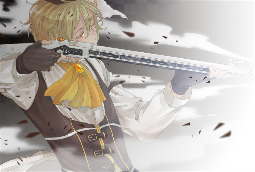 1boy ascot blonde_hair commentary_request fingerless_gloves genderswap_(ftm) gloves gun jewelry kurashiki_(kas0) magical_boy magical_musket mahou_shoujo_madoka_magica mahou_shoujo_madoka_magica_(anime) male_focus one_eye_closed pendant photoshop_(medium) rifle rule_63 solo tomoe_mami tomoe_mami_(magical_girl) weapon yellow_eyes