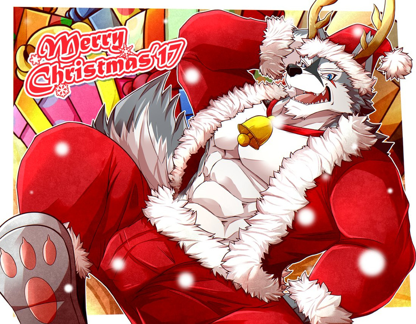 2017 abs anthro bell bottomwear canid canine canis christmas christmas_clothing christmas_headwear clothed clothing digital_media_(artwork) fur hat headgear headwear holidays horn jewelry kadzu kemono male mammal muscular muscular_anthro muscular_male necklace pants pecs santa_hat simple_background smile solo wolf