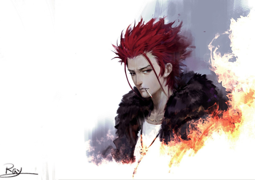 1boy cigarette commentary fur_trim k-project male_focus manly ray_(shenchunhui) red_eyes red_hair signature solo suoh_mikoto symbol-only_commentary