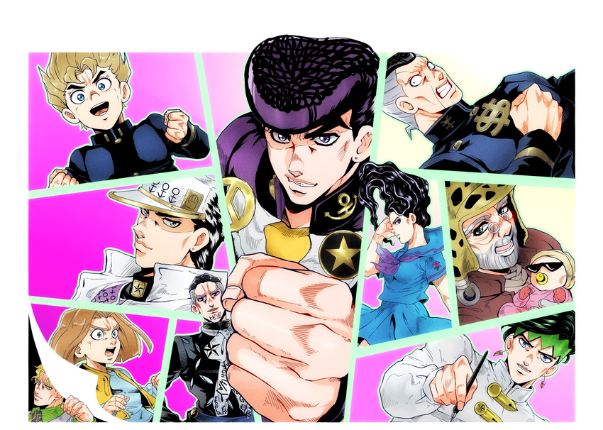 2girls 6+boys absurdres anchor_symbol baby black_hair blonde_hair blue_eyes brown_hair clenched_hand clenched_hands commentary_request diamond_wa_kudakenai dollar_sign earrings facial_hair foreshortening formal fungami_yuya gakuran glasses green_hair grey_hair hat headband higashikata_josuke highres hirose_koichi imaru_(yashiro19950425) jewelry jojo_no_kimyou_na_bouken joseph_joestar joseph_joestar_(old) kawajiri_hayato kira_yoshikage kishibe_rohan kujo_jotaro light_brown_hair long_hair love_deluxe multicolored_hair multiple_boys multiple_girls necktie nijimura_okuyasu open_mouth peace_symbol pen pompadour purple_eyes purple_hair school_uniform serafuku shizuka_joestar star_(symbol) stud_earrings suit turtleneck two-tone_hair vest wavy_hair yamagishi_yukako yen_sign