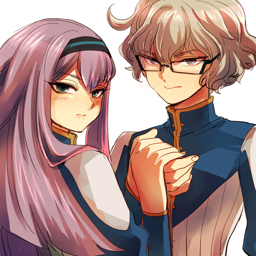 1boy bad_id bad_pixiv_id brown_hair couple curly_hair female gillis glasses green_eyes hairband highres holding_hands inazuma_eleven_(series) inazuma_eleven_go inazuma_eleven_go_chrono_stone kareido long_hair meia purple_hair straight