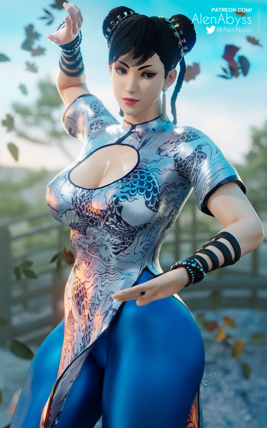 1girls 3d alenabyss big_breasts boob_window cameltoe capcom chun-li cleavage clothed clothed_female clothes clothing erect_nipples female female_only fully_clothed hard_nipples patreon_username solo street_fighter street_fighter_6 thick_thighs tight_clothing tights twitter_username