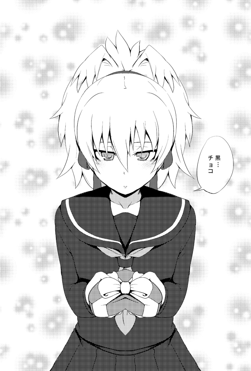 blush darker_than_black heart highres kaname_nagi monochrome school_uniform translation_request valentine yin