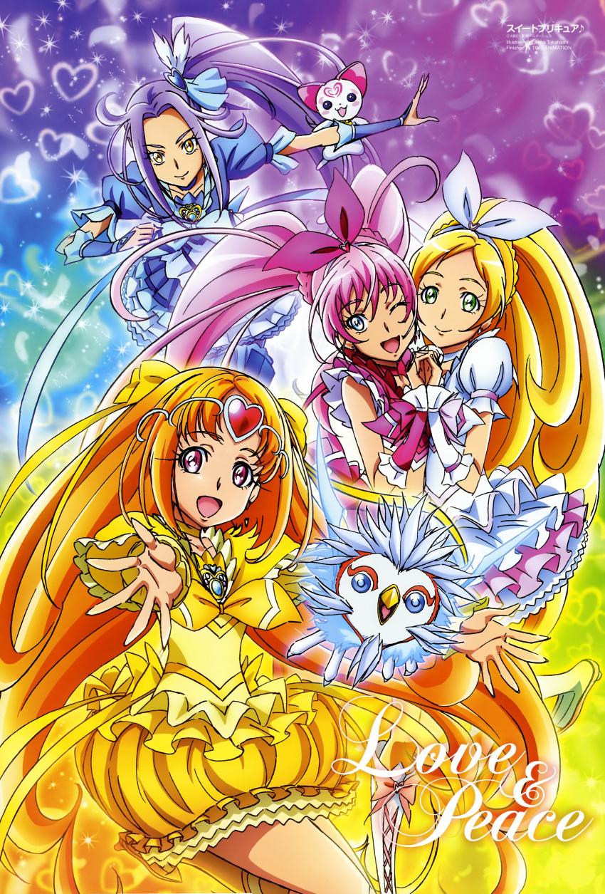 4girls absurdres animage blonde_hair blue_choker blue_eyes bow brooch bubble_skirt choker cure_beat cure_melody cure_muse_(yellow) cure_rhythm eyelashes frills green_eyes hair_ornament hair_ribbon heart highres holding_hands houjou_hibiki interlocked_fingers jewelry kurokawa_eren long_hair magical_girl midriff minamino_kanade multiple_girls noise_(suite_precure) official_art orange_hair p-chan_(suite_precure) pink_bow pink_choker pink_hair pink_wrist_cuffs precure purple_hair ribbon scan seiren_(suite_precure) shirabe_ako side_ponytail skirt smile suite_precure takahashi_akira twintails white_choker wrist_cuffs yellow_bow yellow_choker yellow_eyes yellow_skirt