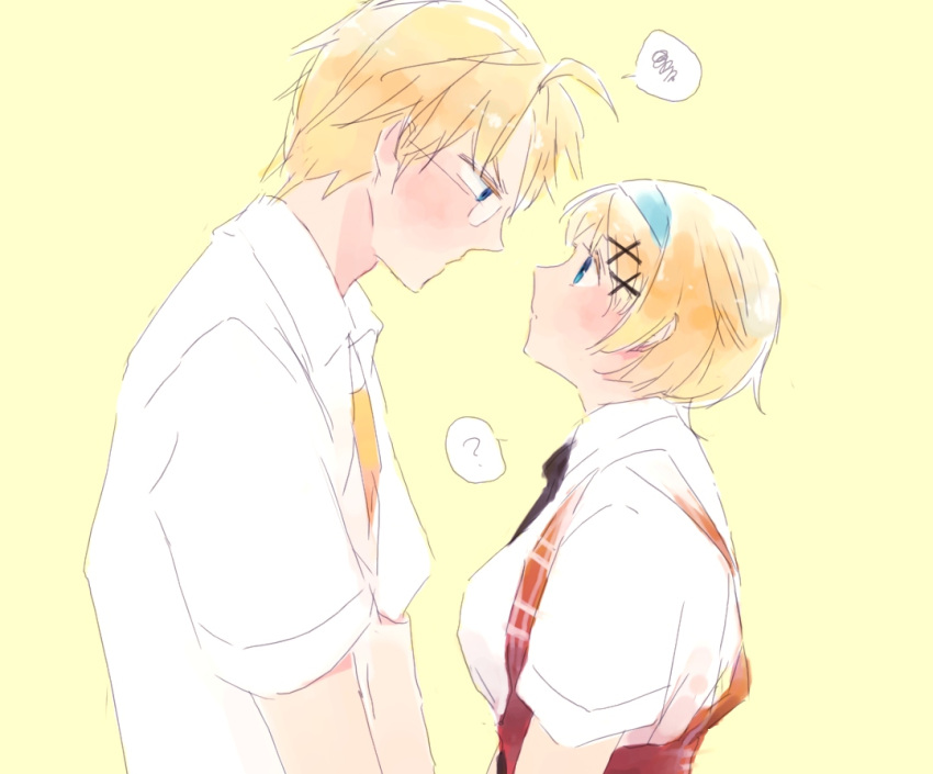 ... 1boy ? ahoge akota america_(hetalia) axis_powers_hetalia blonde_hair blue_eyes blue_hairband breasts commentary_request eye_contact female glasses hair_ornament hairband hairclip headband large_breasts looking_at_another school_uniform simple_background spoken_ellipsis spoken_question_mark ukraine_(hetalia) world_w_academy_school_uniform